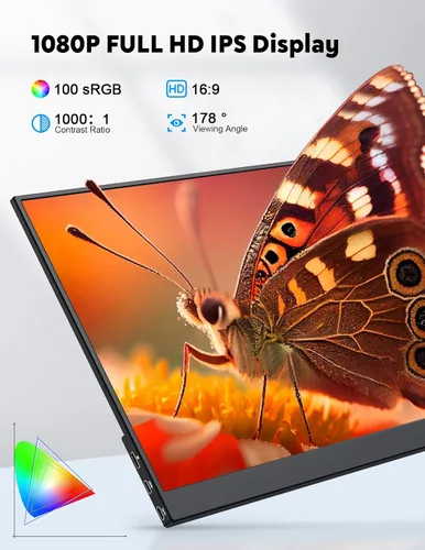 Vista 2 de HONGO Monitor portátil con soporte 15.6 pulgadas, extensor de pantalla para portátil 1080P FHD para USB C hdmi pantalla portátil Vesa compatible