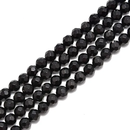 Vista 2 de JM Design Cuentas de piedras preciosas sueltas redondas y facetadas grandes de ónix negro, tamaño 0.315 in, 15.5 pulgadas, hebra para fabricación
