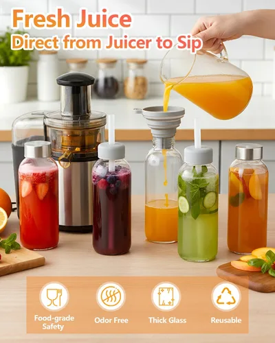 Vista 4 de Zukro Botellas de jugo de vidrio de 16 onzas, tapa de acero inoxidable a