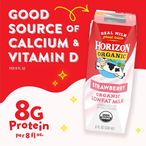 Vista 3 de Horizon Organic Cajas de leche bajas en grasa, fresa, 8 onzas, paquete de 6 8g Protein per Serving, 1% Lowfat, USDA Organic, No Refrigeration