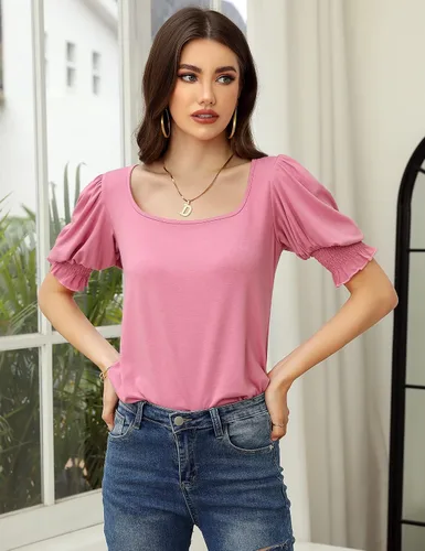 Vista 5 de BeautyNee Blusa de manga abombada con cuello cuadrado para mujer, color liso, túnica elástica