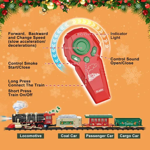 Vista 5 de Juego de tren de control remoto con vapor, luces y sonidos, tren de juguete eléctrico para niños de 4 a 8 años, juego de tren de árbol de Navidad