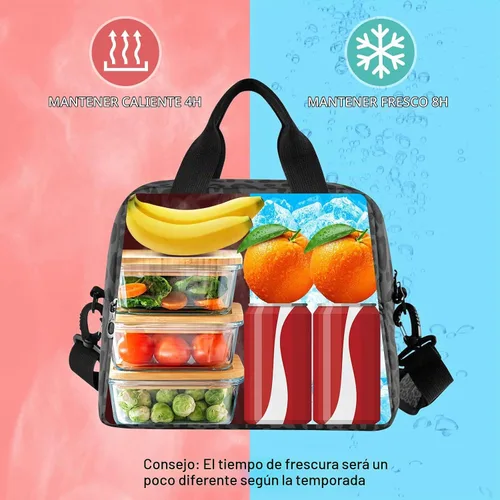 Vista 4 de Bolsa de Almuerzo Aislada de Leopardo Negro Estampado de Piel Animal Enfriadora Reutilizable Tote Box con Correa para el Hombro para Trabajo Picnic
