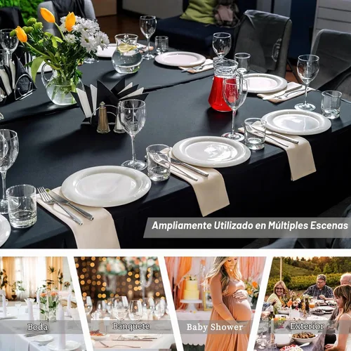 Vista 6 de Fixwal 6 Pack 8FT Black Tablecloth Rectangle Spandex Fitted Table Cover Apto para mesa rectangular de 8 pies, lavable y elástica, ideal para Negro