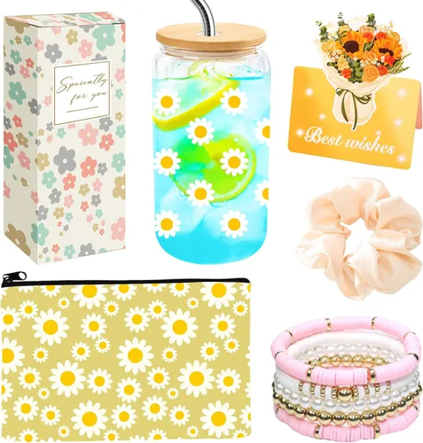 Vista 10 de 8 PCS Mejor Juego de Regalo para Profesoras 16oz Vaso de Café de Vidrio con Tapa y Pajita, Calcetines Acolchados, Bolsa de Regalo, Llavero y Tarjeta