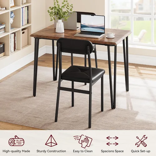 Vista 3 de Mesa de comedor de cocina y sillas tapizadas para 4, mesa rectangular de madera para 4 asientos, juego de comedor industrial de 5 piezas