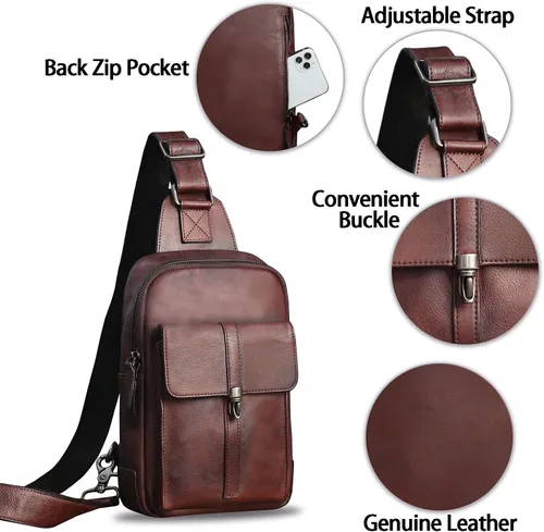 Vista 6 de IVTG Bolso bandolera de cuero genuino para hombres y mujeres vintage de piel de vaca real mochila bandolera bolsa de pecho, Café, Mochilas Sling