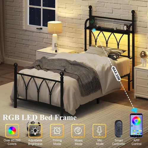 Vista 4 de E-Ser Marco de cama de plataforma de metal tamaño twin con cabecera de almacenamiento, marco de cama con luz LED, estación de carga integrada
