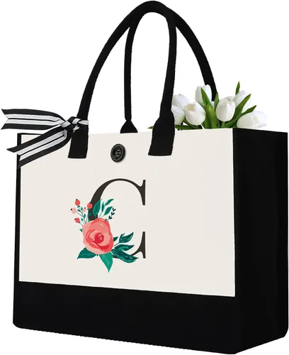 Vista 14 de Initial Canvas Tote Bag, Monogrammed Tote Bags Suitable for Mother's Day Wedding Beach