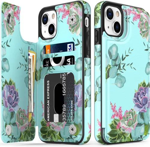 Vista 211 de LETO para iPhone 15 Pro Funda tipo cartera - Tapa tipo folio con patada - Diseños de moda - Tarjetero - Funda protectora para mujeres y niñas - 6.1