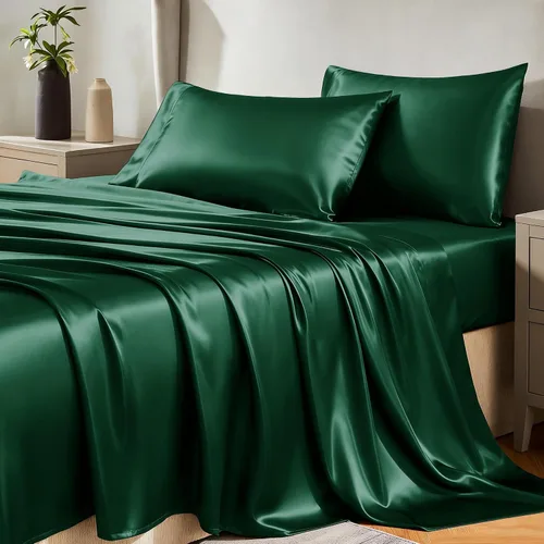 Vista 26 de Juego de sábanas de satén CozyLux de microfibra sedosa con bolsillo profundo, sábana bajera plana y fundas de almohada, suave y suave
