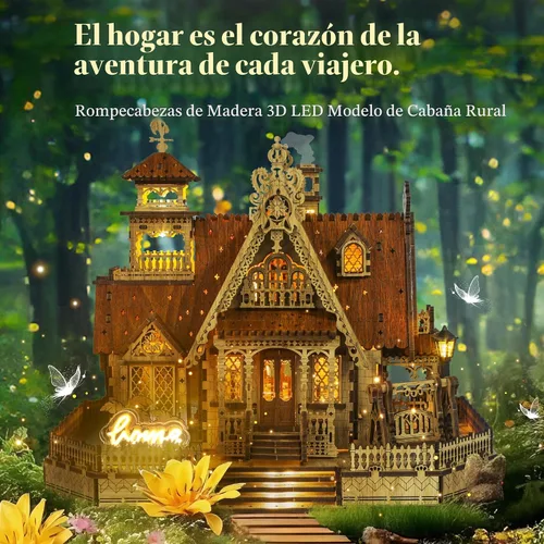Vista 2 de FUNPOLA Rompecabezas de madera 3D modelo de casa de campo – Kit de construcción en miniatura con luces LED de chispa – Arquitectura rural