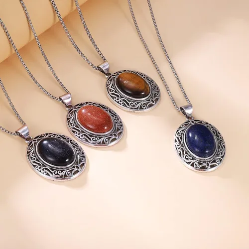 Vista 5 de Collar ovalado de piedras preciosas de acero inoxidable con colgante de cristal curativo de piedra semipreciosa para mujeres y niñas