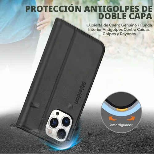 Vista 5 de SHIELDON Funda tipo cartera de piel auténtica para iPhone 14 Pro Max de 6.7 Negro