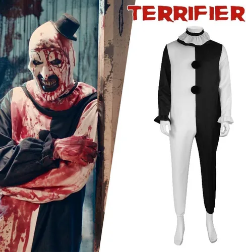 Vista 6 de Lyxaof Art - Disfraz de payaso asesino de terror con máscara, disfraz de Halloween aterrador, traje de cosplay para adultos y niños