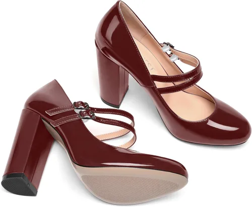 Vista 7 de SHOWFOREST Zapatos de tacón alto con correa ajustable y puntera redonda para mujer, de 4 pulgadas