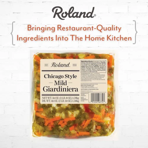 Vista 4 de Roland Foods Chicago Style Mild Giardiniera, condimento de pimienta italiana, procedente de los Estados Unidos, bolsa de 56 onzas