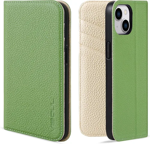 Vista 15 de VISOUL Funda tipo cartera de piel auténtica para iPhone 14, con tapa magnética, con tarjetero y función atril, compatible con iPhone 14