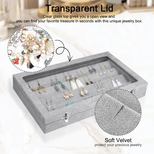 Vista 5 de Organizador de aretes, 40 pares de vitrinas de terciopelo para mujeres y niñas, bandeja de aretes con cerradura para aretes y tachuelas