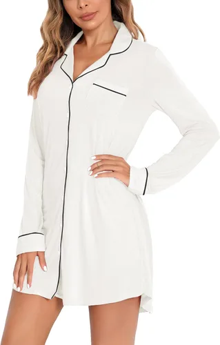 Vista 66 de Samring Camisón de pijama para mujer, manga corta/larga, con botones, camisón para dormir, camisón para novio, talla XXL