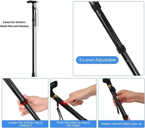 Vista 3 de Bastón de 5 niveles, bastones para caminar, bastones plegables plegables, ligeros, ajustables y de aluminio para personas mayores, adultos, hombres