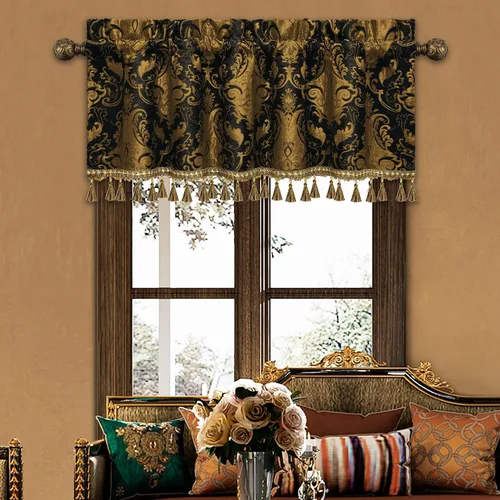 Vista 25 de Loom and Mill Cenefas de jacquard de lujo para ventana de sala de estar, elegante cenefa de cortina de damasco beige con ribete de cuentas, cortina