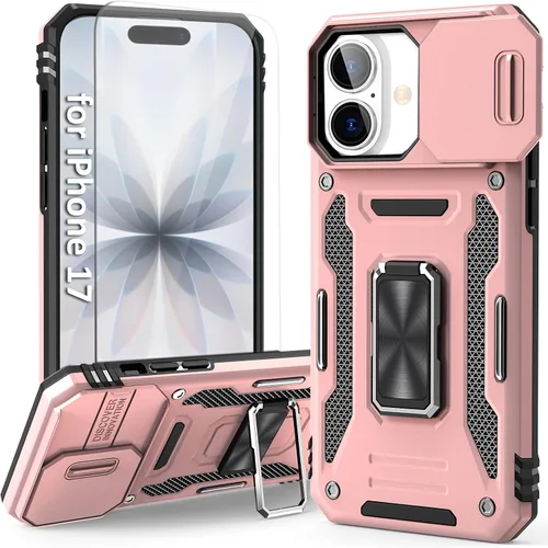 Vista 28 de Funda compatible con iPhone17 Pro con soporte, cubierta de cámara y protector de pantalla HD, doble capa a prueba de golpes, protección contra