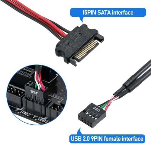 Vista 3 de Divisor de cabecera USB de 9 pines con cable de alimentación SATA, cable divisor USB 2.0 de 9 pines, USB macho 1 a 4 hembra, conector de extensión