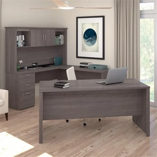 Vista 7 de Atlin Designs Escritorio moderno para computadora en forma de U de madera con gabinete, acabado gris corteza, superficie resistente a los arañazos