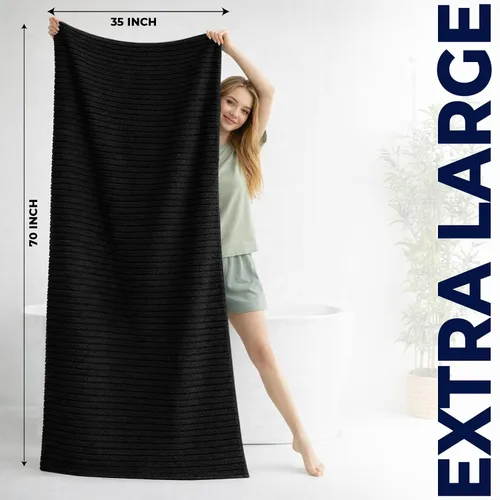 Vista 2 de DAN RIVER Paquete de 2 toallas de baño de 35 x 70 pulgadas, toallas de baño negras acanaladas de gran tamaño, esponjosas y gruesas, toallas de baño