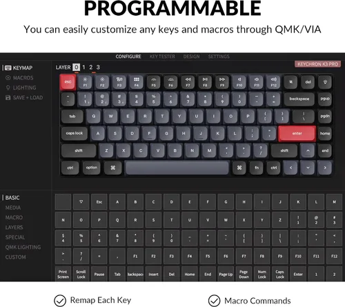 Vista 4 de Keychron K3 Pro Teclado mecánico inalámbrico personalizado, 75% de diseño QMKVIA programable BluetoothRGB con cable ultra delgado Gateron
