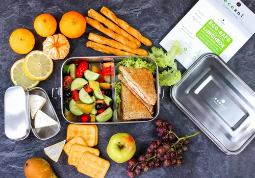 Vista 3 de ecozoi Lonchera Bento de acero inoxidable, 50 onzas, lonchera de 2 compartimentos con divisor extraíble y mini cápsula de salsa, a prueba de fugas