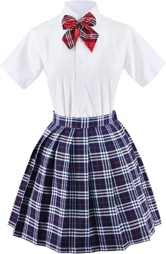 Vista 4 de Uniforme escolar japonés de tartán plisado para cosplay, disfraz con calcetines, gafas, marco, conjunto
