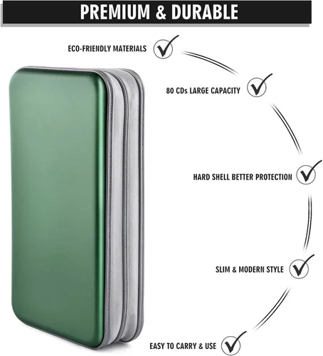 Vista 3 de Funda Cartera para CD, capacidad para 80 DVD VCD medios Blu-ray, estuche cartera soporte organizador de almacenamiento (verde oscuro)