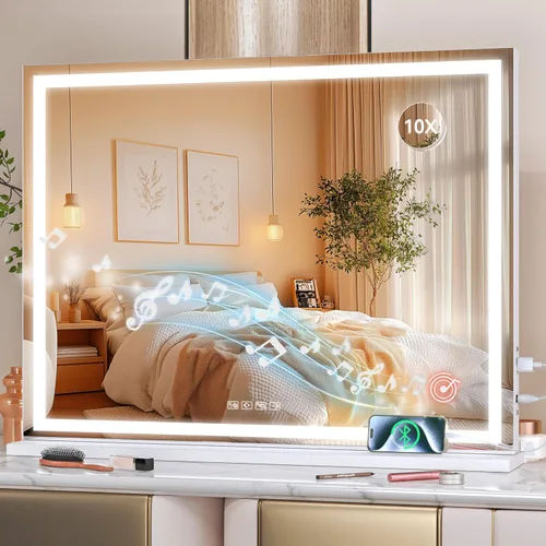 Vista 53 de Hasipu Espejo de tocador con luces, espejo LED de maquillaje de 31.5 x 22 pulgadas, espejo de maquillaje iluminado con 3 modos regulables, espejo