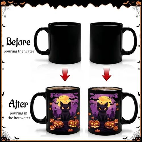 Vista 7 de Caliamary Halloween Color Changing Mug – 11oz Heat Sensitive Coffee Cup with Black Cat & Pumpkin, Novelty Ceramic Mug, Fun Gift for Friends, Women