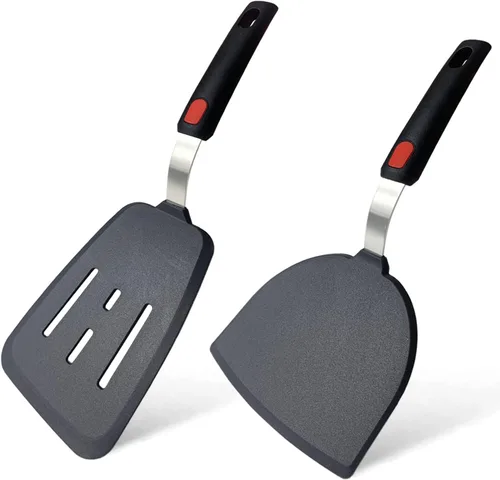 Vista 10 de Juego de 2 espátulas de silicona para utensilios de cocina antiadherentes, espátulas redondas de ángulo ranurado para panqueques de 600 °F