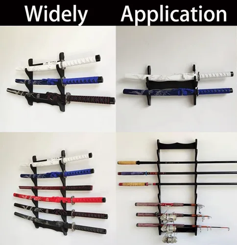 Vista 5 de Soporte de pared de espada de madera, 3 niveles Samurai Sword Display, Katana & Wakizashi Storage, Sword Flute Storage, Fishing Rod Storage