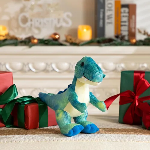 Vista 2 de HollyHOME Juguete de dinosaurio T-Rex de peluche con escamas texturizadas suaves y realistas, lindo regalo de dinosaurio para niños, azul y blanco