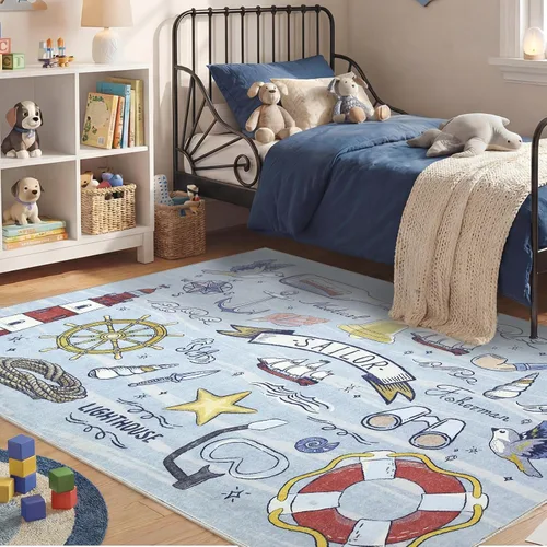 Vista 336 de OPPODREAM Alfombras suaves, pequeñas y lavables con parte trasera antideslizante, alfombra de cachemira sintética de pelo bajo, 2 x 3 pies, azul