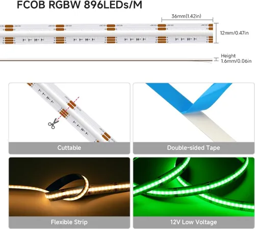 Vista 5 de SEZO RGBW COB LED Tira de luces RGB+blanco cálido 3000K 16.4FT/5M DC12V 896LEDs/m 0.472 in ancho FCOB RGBWW Flexible de alta densidad Uniforme Cinta