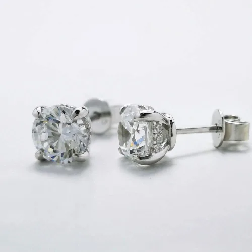 Vista 5 de Bo.Dream Round Cut Cubic Zirconia CZ Stud Earrings for Women 18K White Gold Plated Sterling Silver