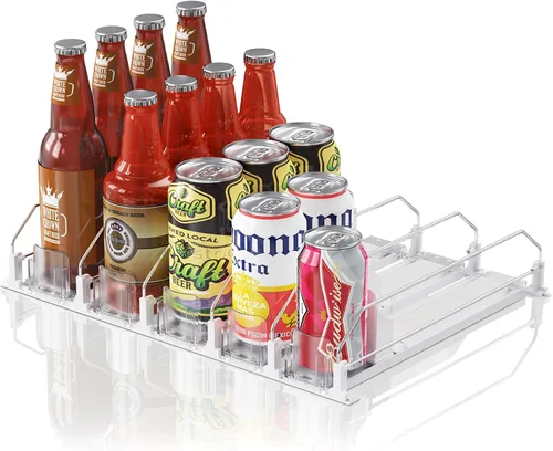 Vista 13 de Organizador de Bebidas para Refrigerador, 12oz 16oz 20oz - Dispensador de Latas de Refresco para Refrigerador, Ancho Ajustable, Deslizador Negro