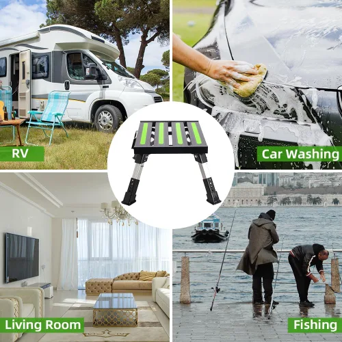 Vista 6 de Homeon Wheels Taburete ajustable para caravana, plataforma plegable con tira reflectante, color negro