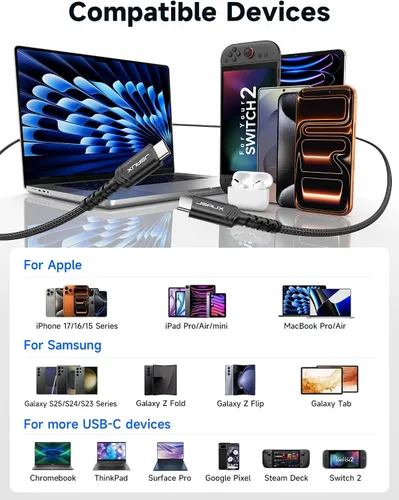 Vista 4 de JSAUX Cable USB C a USB C de 100 W para iPhone 17, cable de carga USBC tipo C 5A de carga rápida compatible con iPhone 17 Air 16 15 Pro Max Samsung