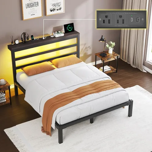 Vista 13 de E-Motie Marco de cama tamaño doble con cabecera de almacenamiento, plataforma industrial con estación de carga y luces LED, espacio