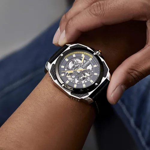 Vista 4 de SURVAN WatchDesigner Automatic Watch for Men Sapphire Crystal Mechanical Skeleton Wrist Watch Leather Strap