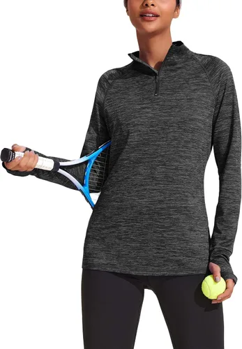 Vista 8 de ELESOL Camiseta de manga larga para mujer, con protección UPF 50+, para yoga, con agujero para pulgar, para entrenamiento, con cremallera de un