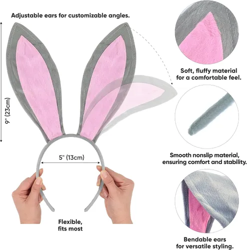 Vista 2 de Funcredible Diadema de orejas de conejo gris de Pascua, orejas de conejo flexibles para adultos, accesorios de conejo de terciopelo suave