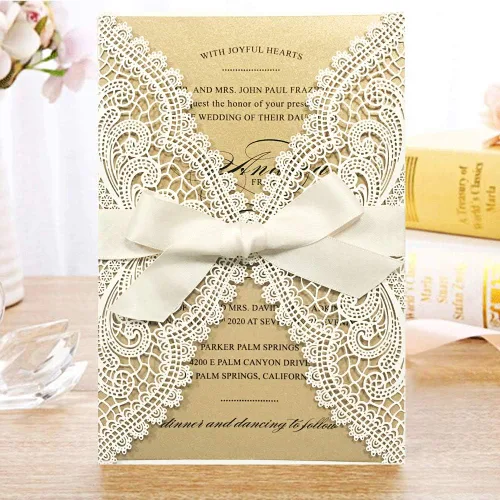 Vista 7 de 25 invitaciones de boda de 5 x 7 pulgadas con sobres, corte láser de encaje hueco con cintas elegantes, para boda, despedida de soltera, compromiso